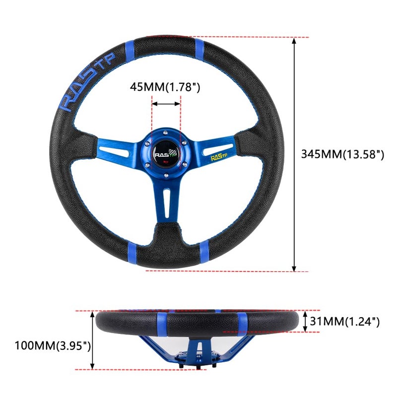 RASTP Universal Racing Steering Wheel,Deep Dish Steering Wheel Leather Embroidery 13.58â€/345mm 6 Bolts with Horn Button Include Cable, Wrench,Blue - Image 5